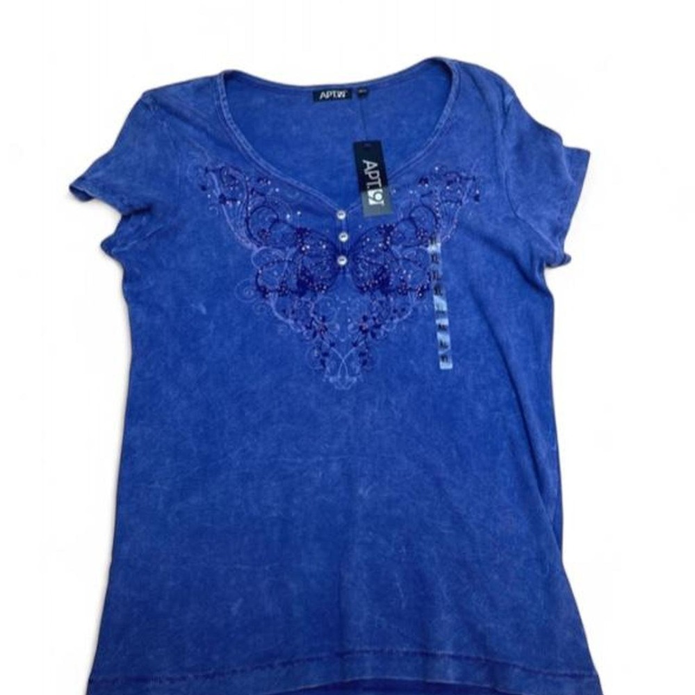 NWT Apt 9 Butterfly Rhinestone Embellished Top Blue Short Sleeve Y2K Fairycore